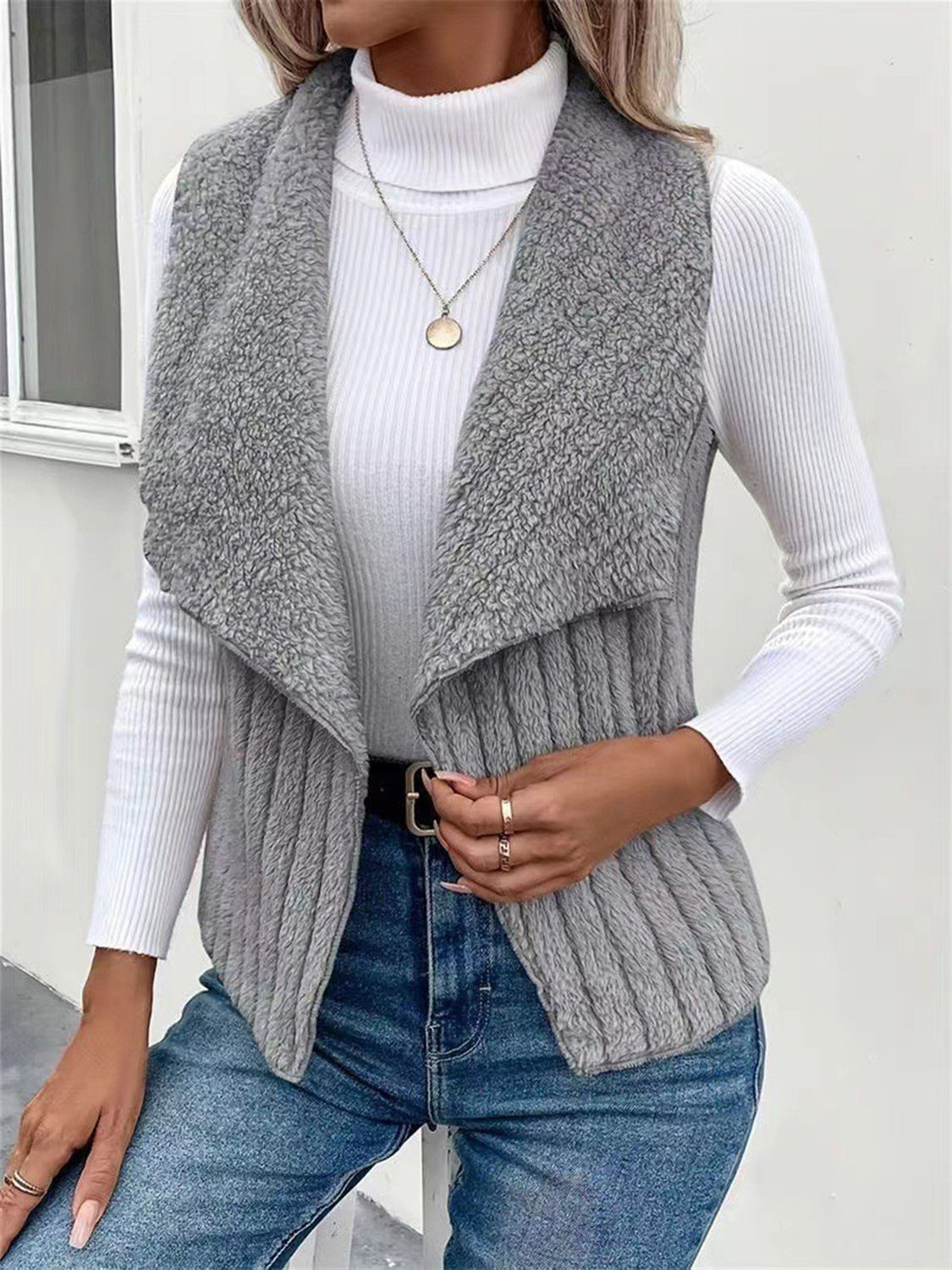Open Front Fuzzy Vest Coat - felvior