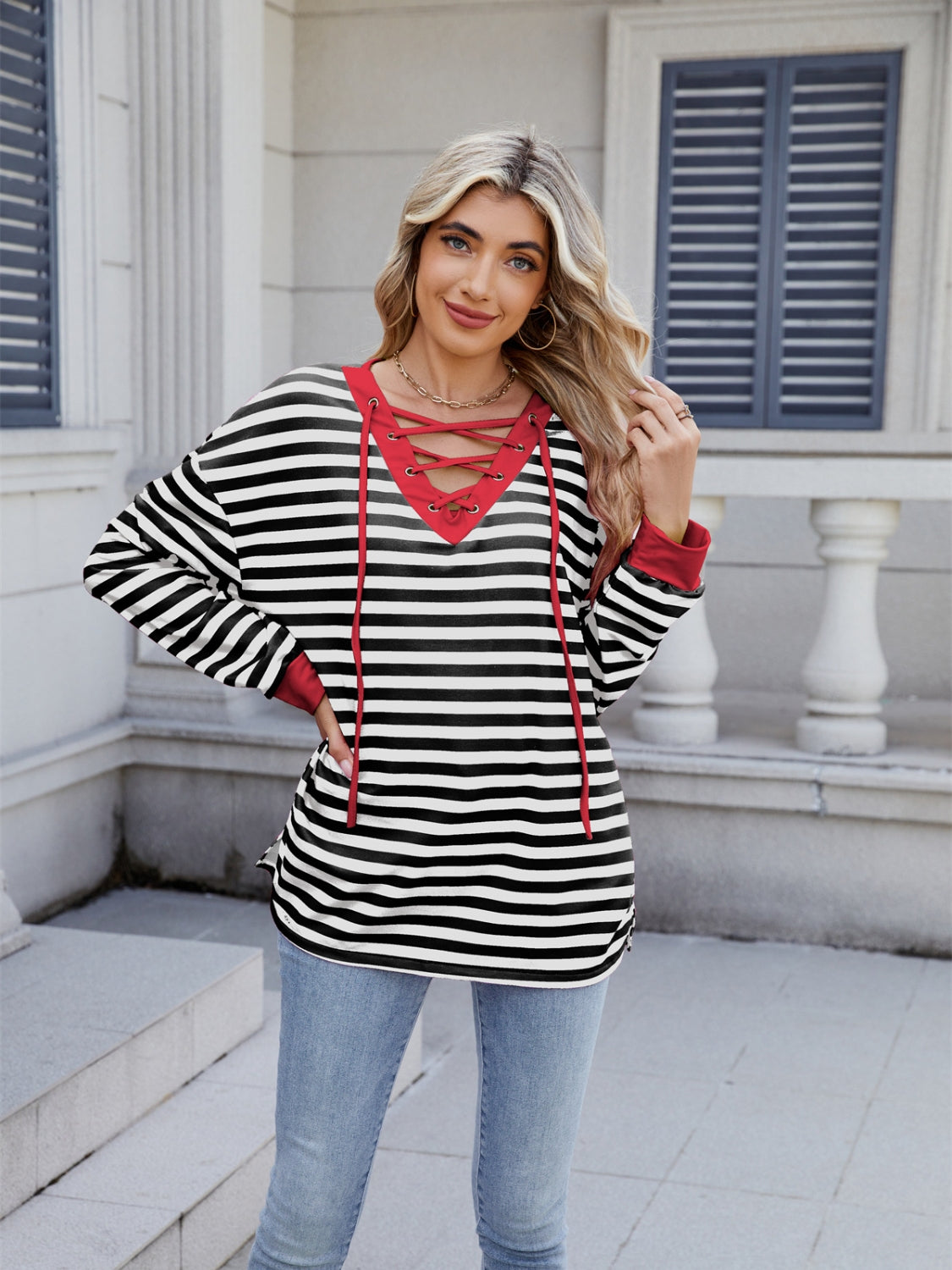 Lace-Up Striped Long Sleeve T-Shirt