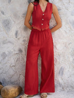 Devine Button Down Lace Detail Vest and Pants Set