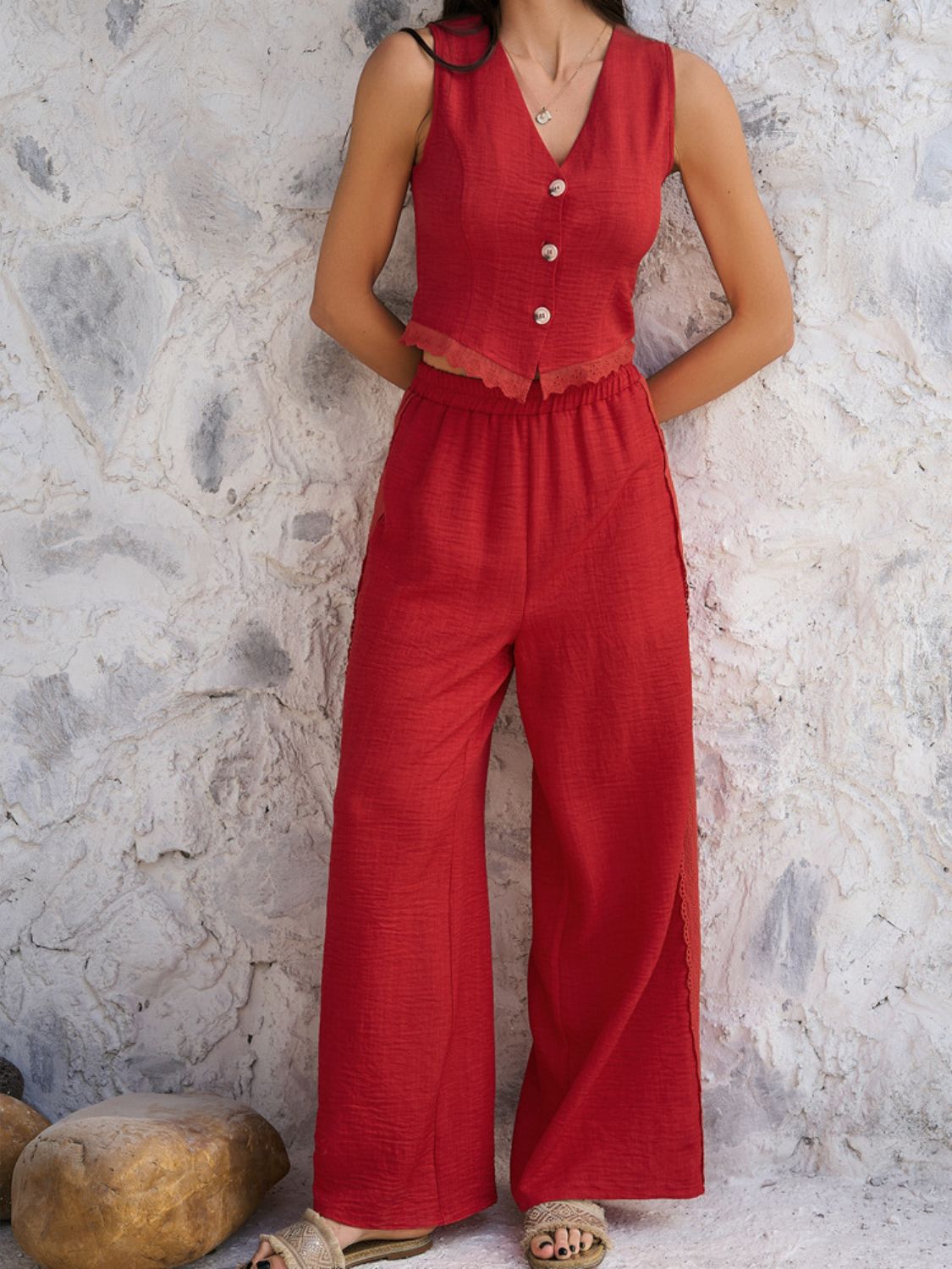 Devine Button Down Lace Detail Vest and Pants Set