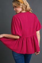 Umgee Full Size Cotton Gauze Floral Embroidery Babydoll Blouse Plus Size