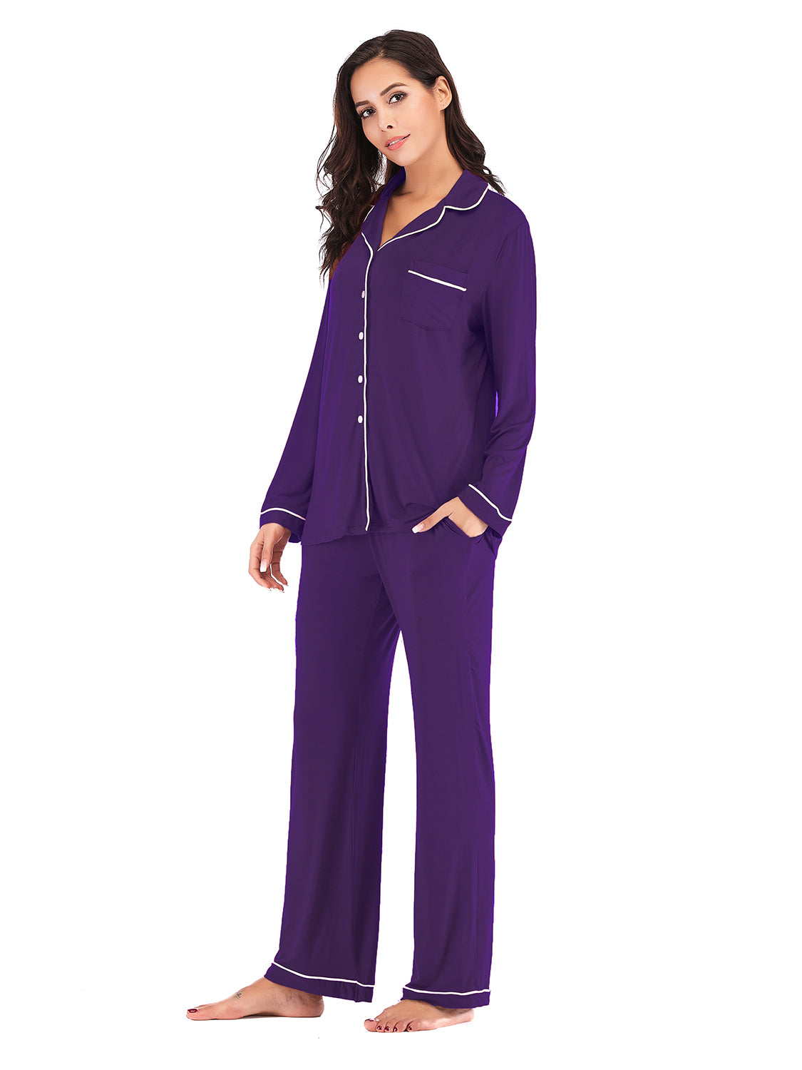 Collared Neck Long Sleeve Loungewear Set with Pockets - felvior