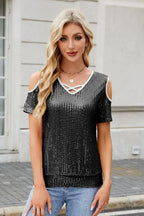 Sequin Crisscross V-Neck Cold Shoulder Blouse
