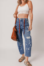 Distressed Splattering Paint Rope Waist Cropped Straight Jeans