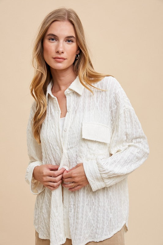 Annie Wear Openwork Button Down Drop Shoulder Shirt - felvior