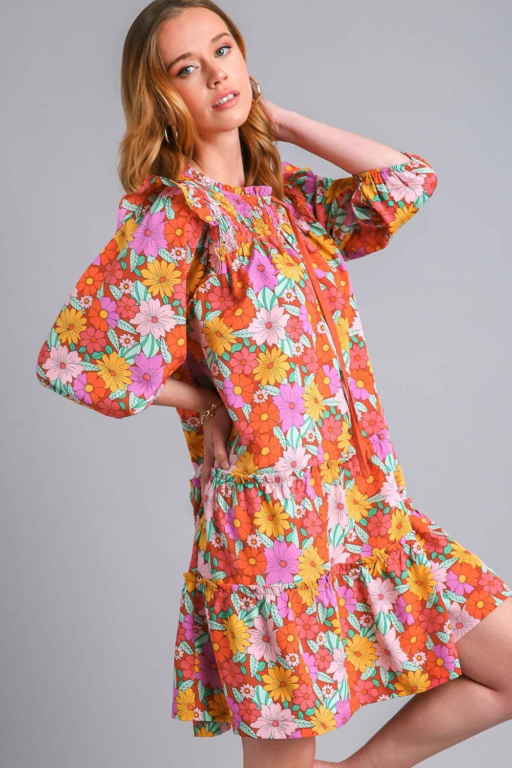 Umgee Full Size Ruffled Flower Print Tie Neck Tiered Dress Plus Size