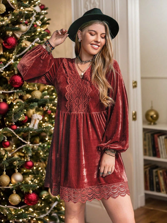 Plus Size Lace Detail V-Neck Long Sleeve Mini Dress - felvior