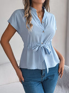 Notched Short Sleeve Blouse