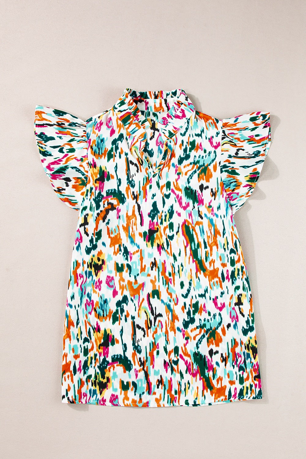 Abstract Print Ruffle Sleeve Blouse