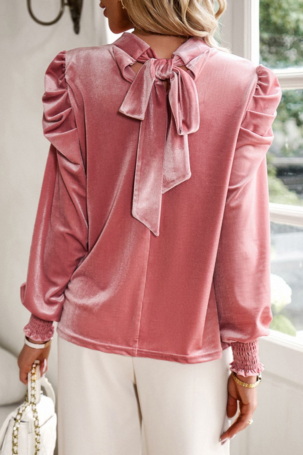 Tie Up Mock Neck Velvet Fabric Long Sleeve Blouse - felvior