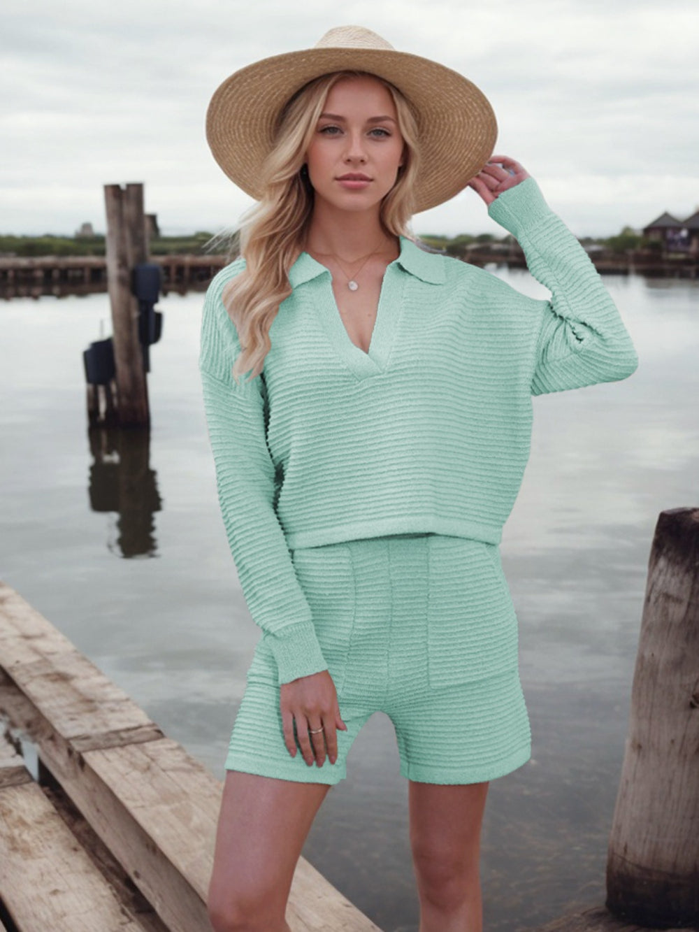 Johnny Collar Long Sleeve Top and Shorts Sweater Set