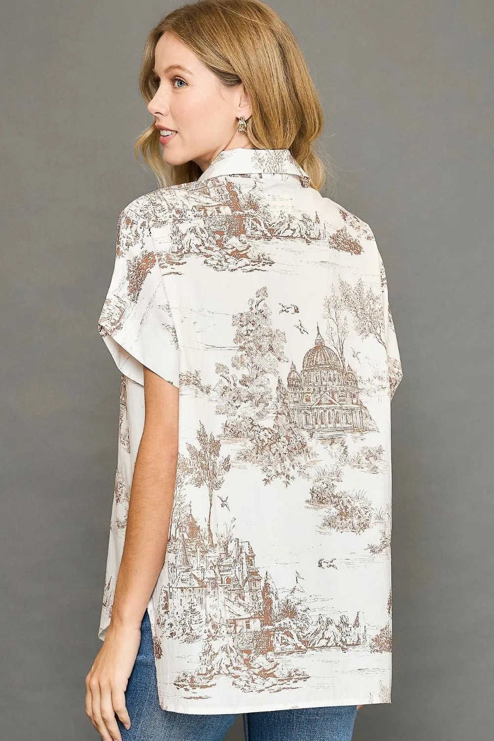 Umgee Full Size Two Tone Print Button Up Short Sleeve Shirt Plus Size