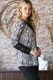 Heimish Full Size Snakeskin Print Round Neck Lace Contrast Top - felvior