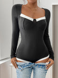 Perfee Ribbed Contrast Long Sleeve Bodysuit - felvior