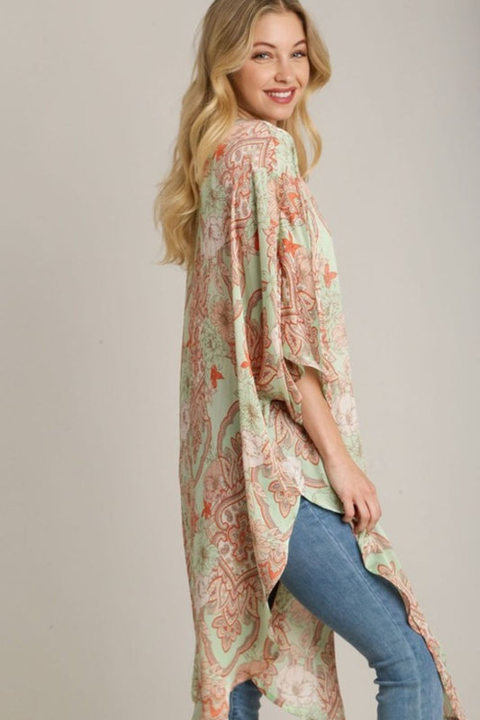 Umgee Full Size Mixed Print Open Front Kimono with Ruffle Sleeves Plus Size - felvior