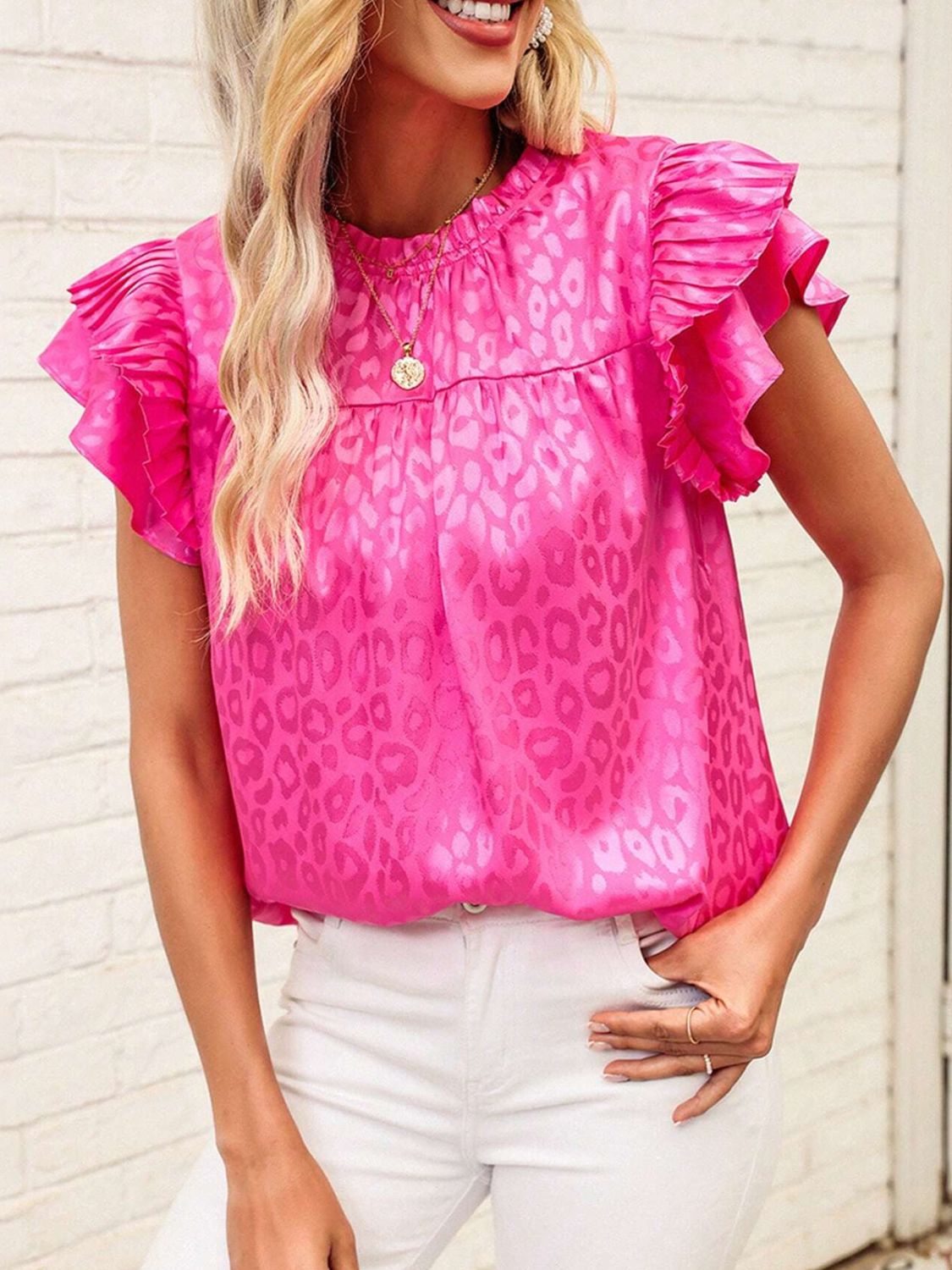 Leopard Frill Mock Neck Ruffled Cap Sleeve Top Main image