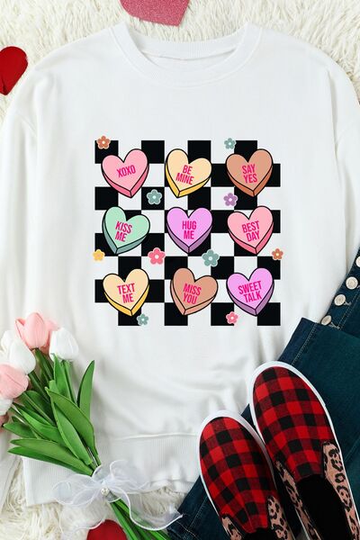 Valentine's Day Checkered Heart Long Sleeve Sweatshirt - felvior