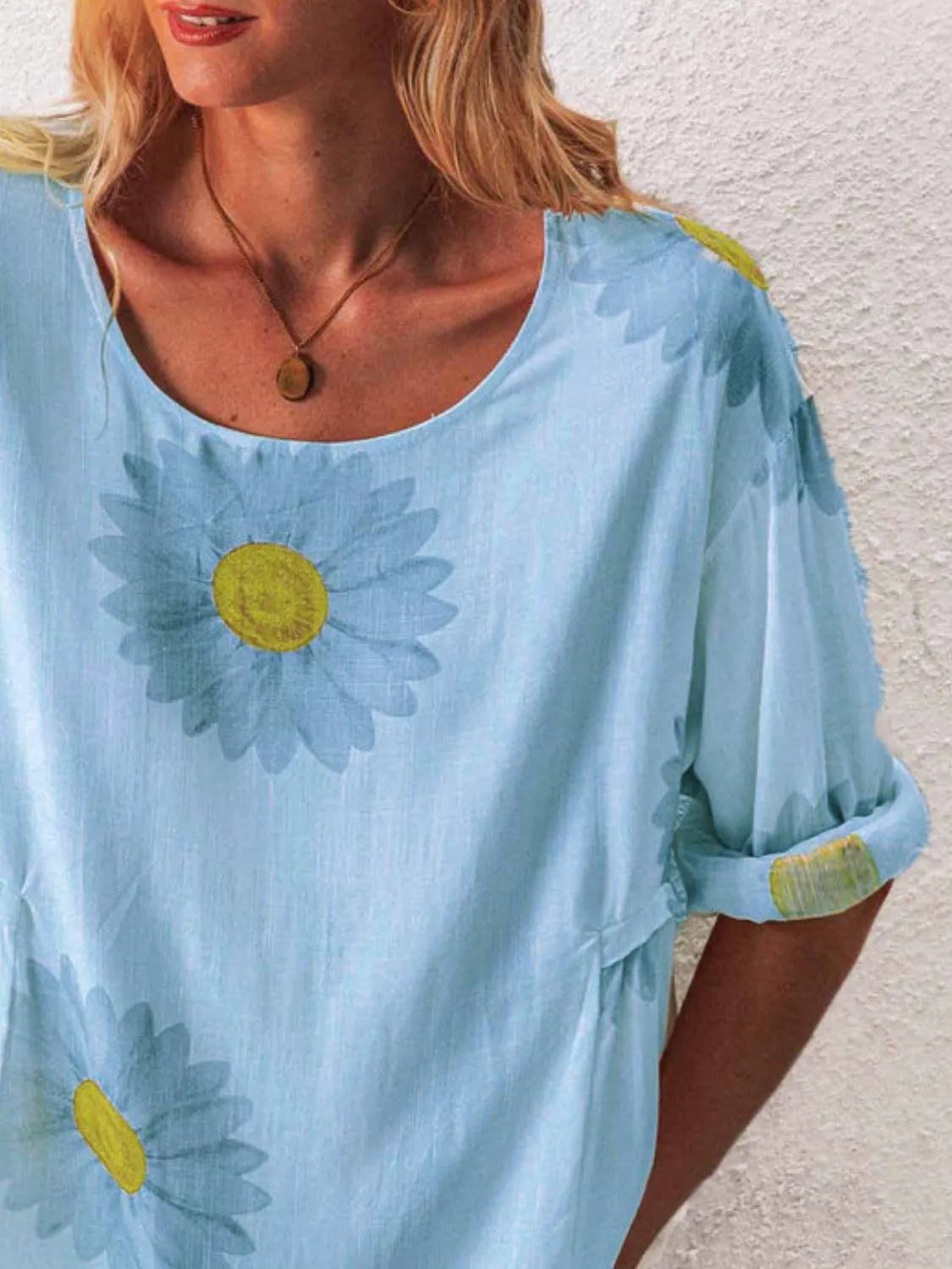 Full Size Flower Round Neck Half Sleeve T-Shirt Plus Size