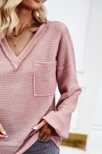 Devine Waffle-Knit V-Neck Long Sleeve Top