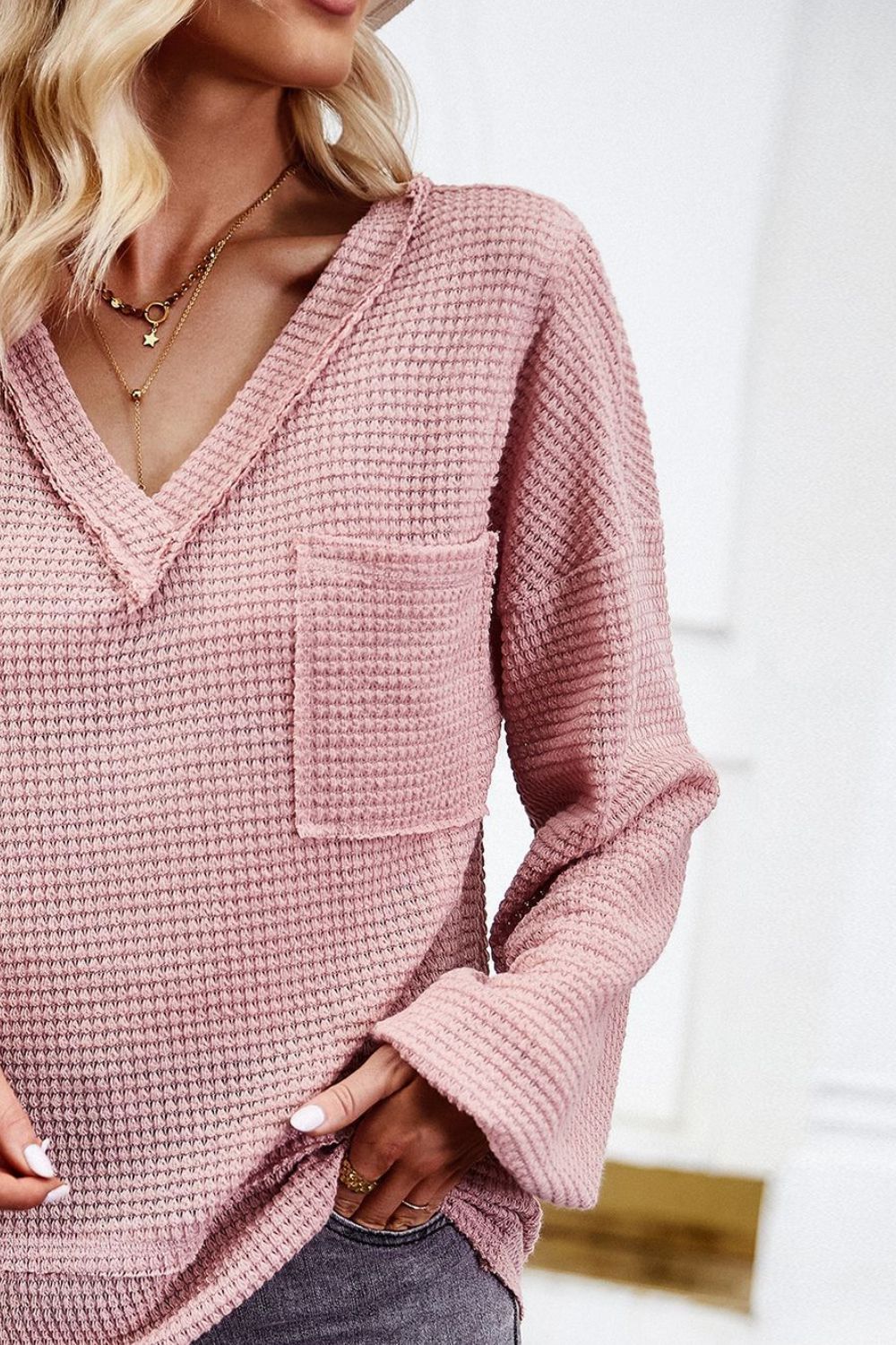 Devine Waffle-Knit V-Neck Long Sleeve Top