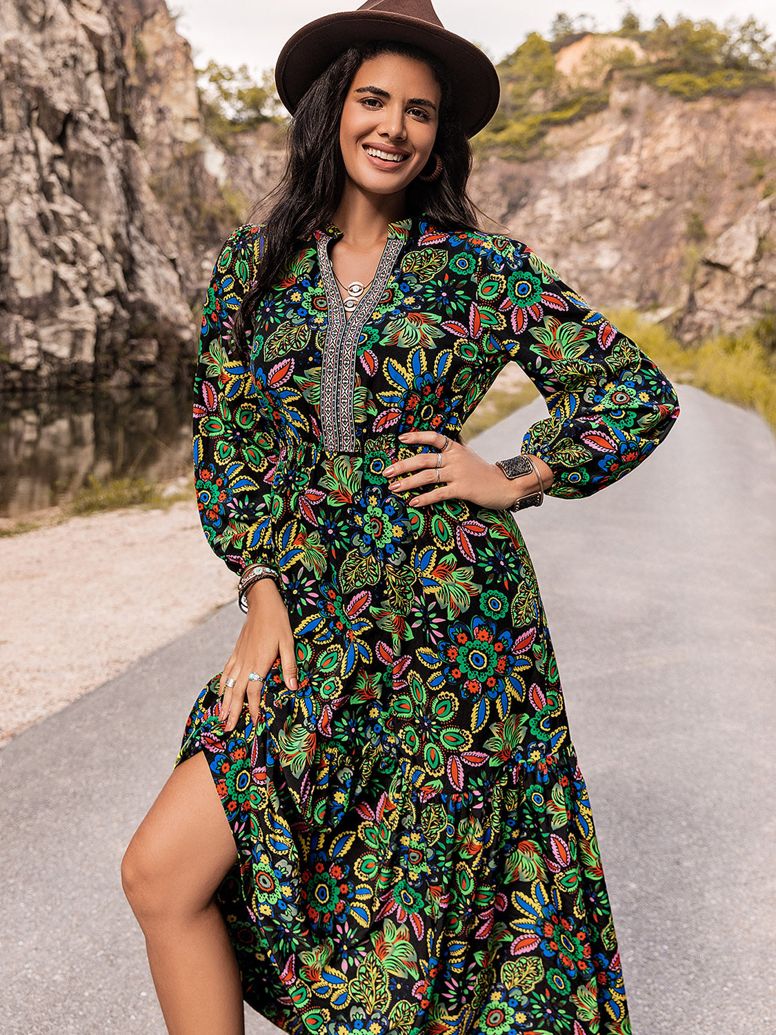 Printed Notched Neck Maxi Dress - felvior