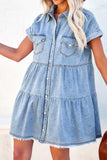 Raw Hem Button Down Denim Mini Dress - felvior