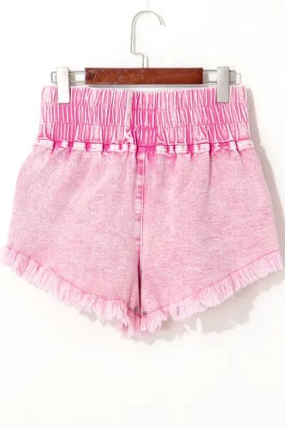Washed Wide Smocked Waistband Frayed Denim Shorts - felvior