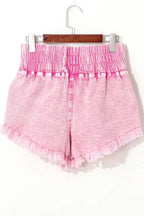 Washed Wide Smocked Waistband Frayed Denim Shorts
