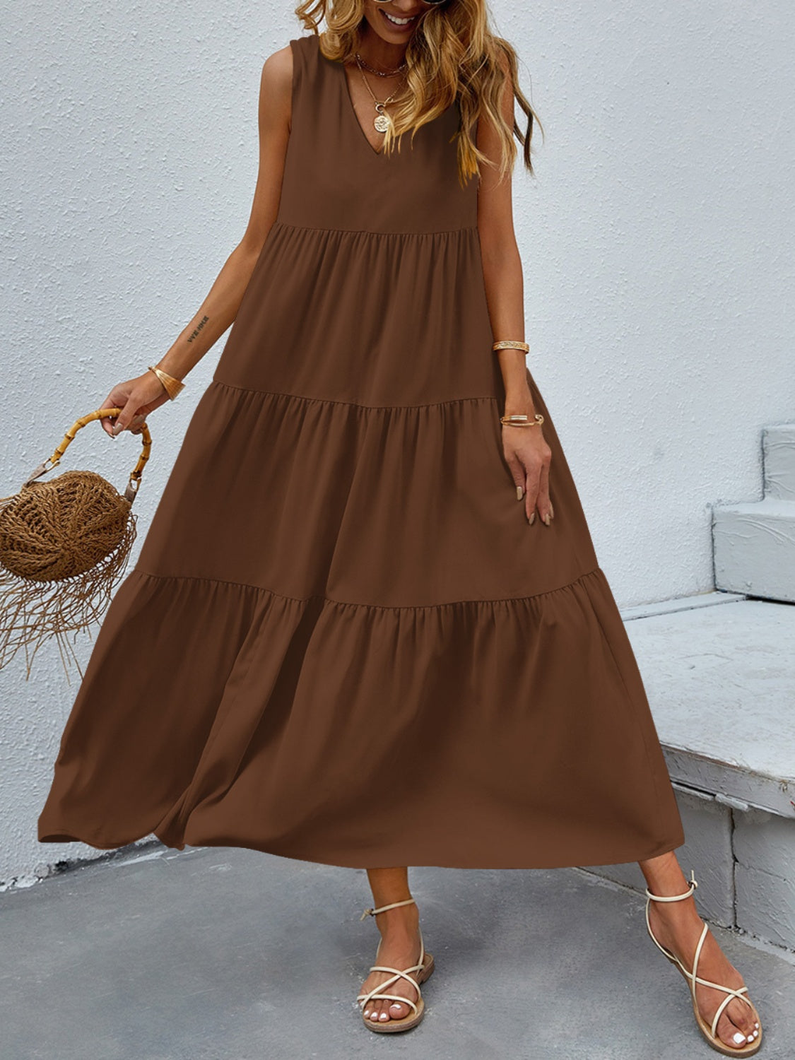 FAM-FAM Tiered V-Neck Sleeveless Dress - felvior