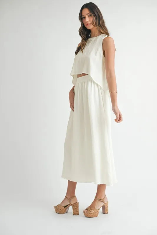 MABLE Wrinkled Round Neck Swing Top and Skirt Set - felvior