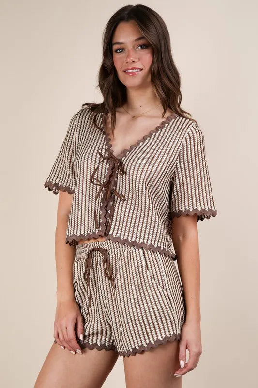 VERY J Wave Trim Detail Knit Top & Shorts Set