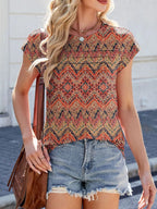Printed Round Neck Cap Sleeve Top
