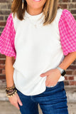 Round Neck Contrast Tweed Puff Sleeve Top - felvior