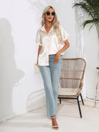 Button Down Collared Neck Short Sleeve Satin Shirt