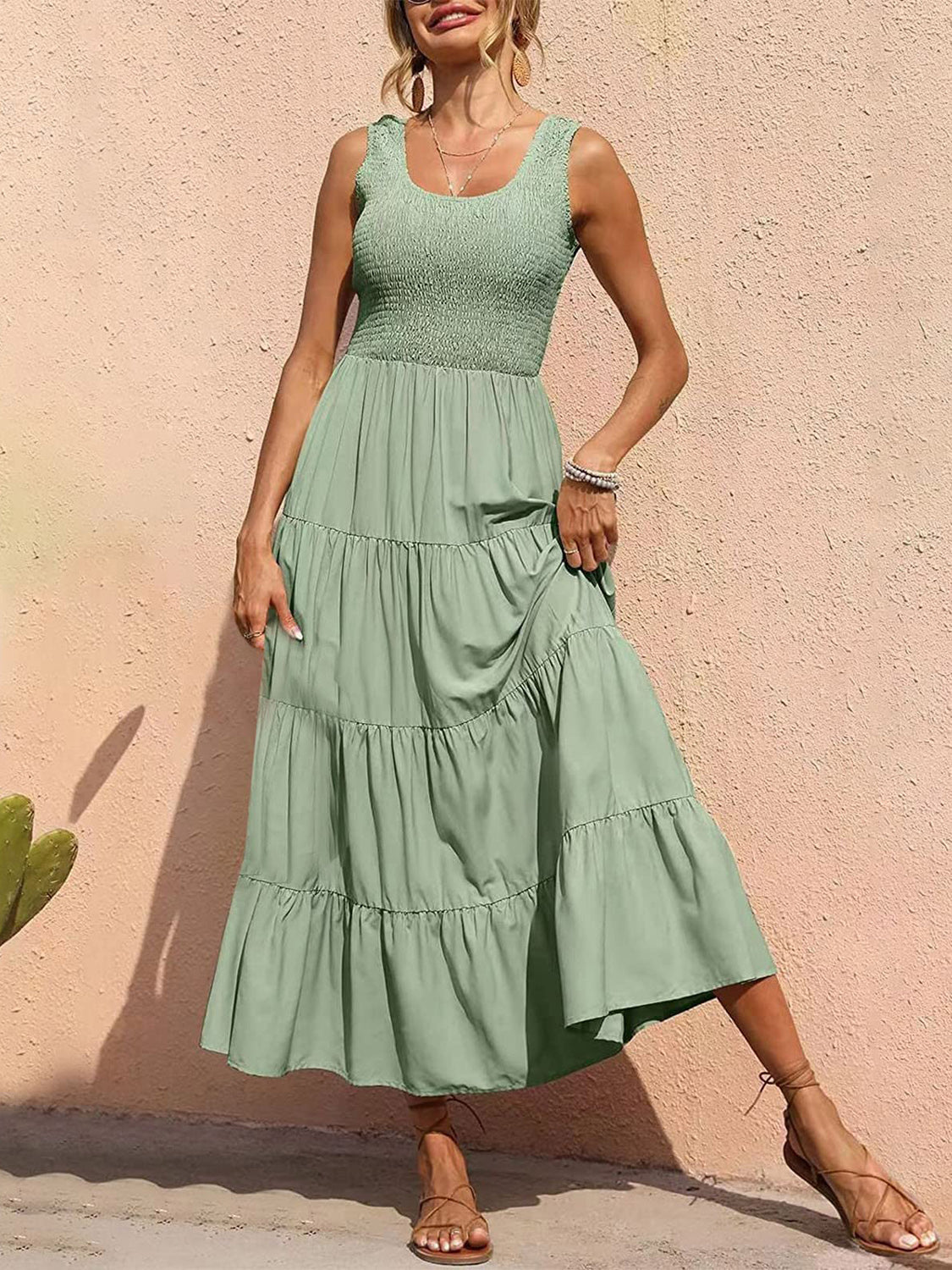 Tiered Smocked Wide Strap Dress - felvior