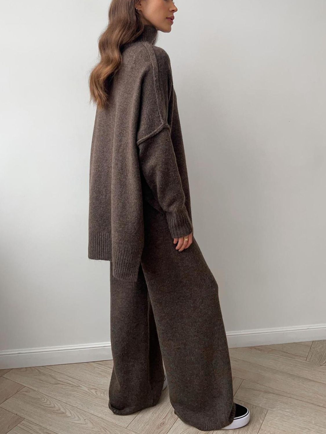 Slit Turtleneck Long Sleeve Top and Pants Sweater Set - felvior
