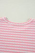 Stripe Textured Puff Sleeve Crewneck Top