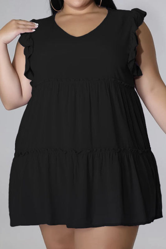 Plus Size V-Neck Frill Trim Mini Dress - felvior