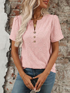 Eyelet Notched Short Sleeve Top