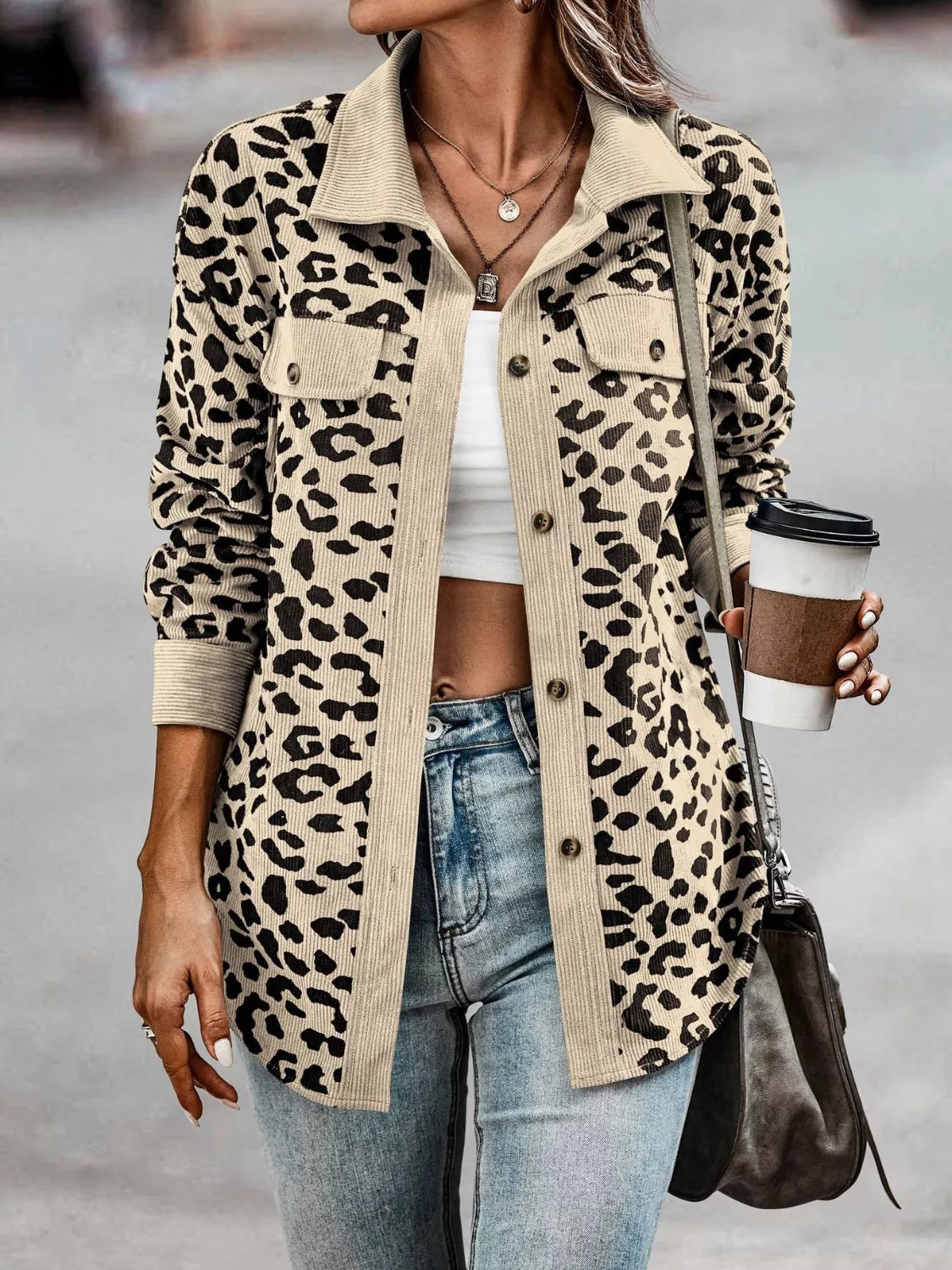 Full Size Leopard Print Button-Down Jacket Plus Size Secondary image