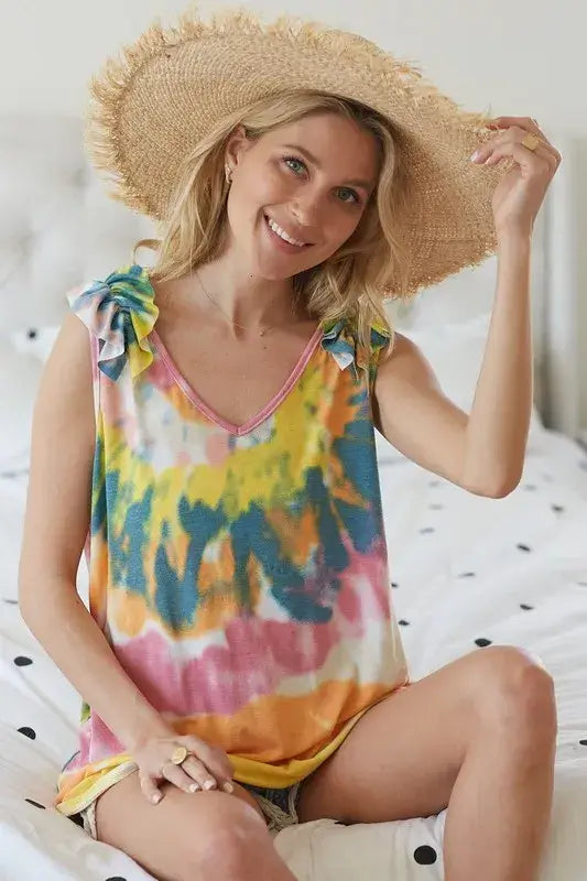 BiBi Circular Tie Dye Knit V Neck Top With Ruffle
