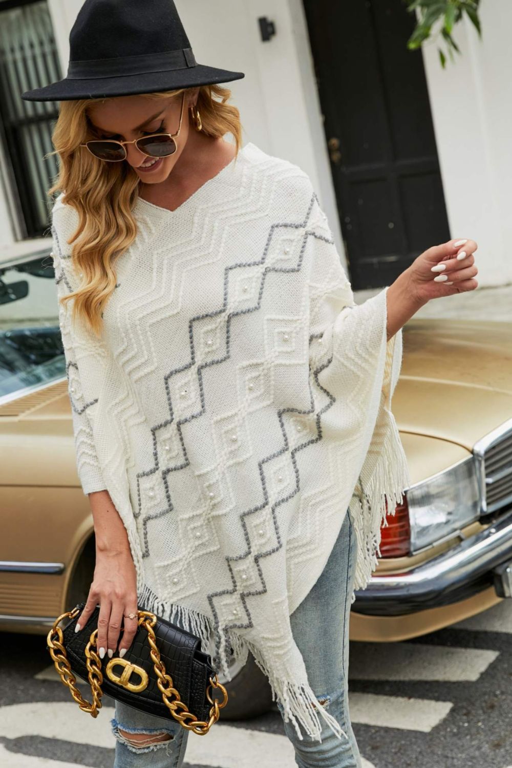 Pearl Trim V-Neck Fringe Hem Poncho - felvior
