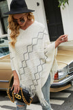 Pearl Trim V-Neck Fringe Hem Poncho - felvior
