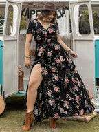 Plus Size Button Detail Printed V-Neck Short Sleeve Maxi Dress