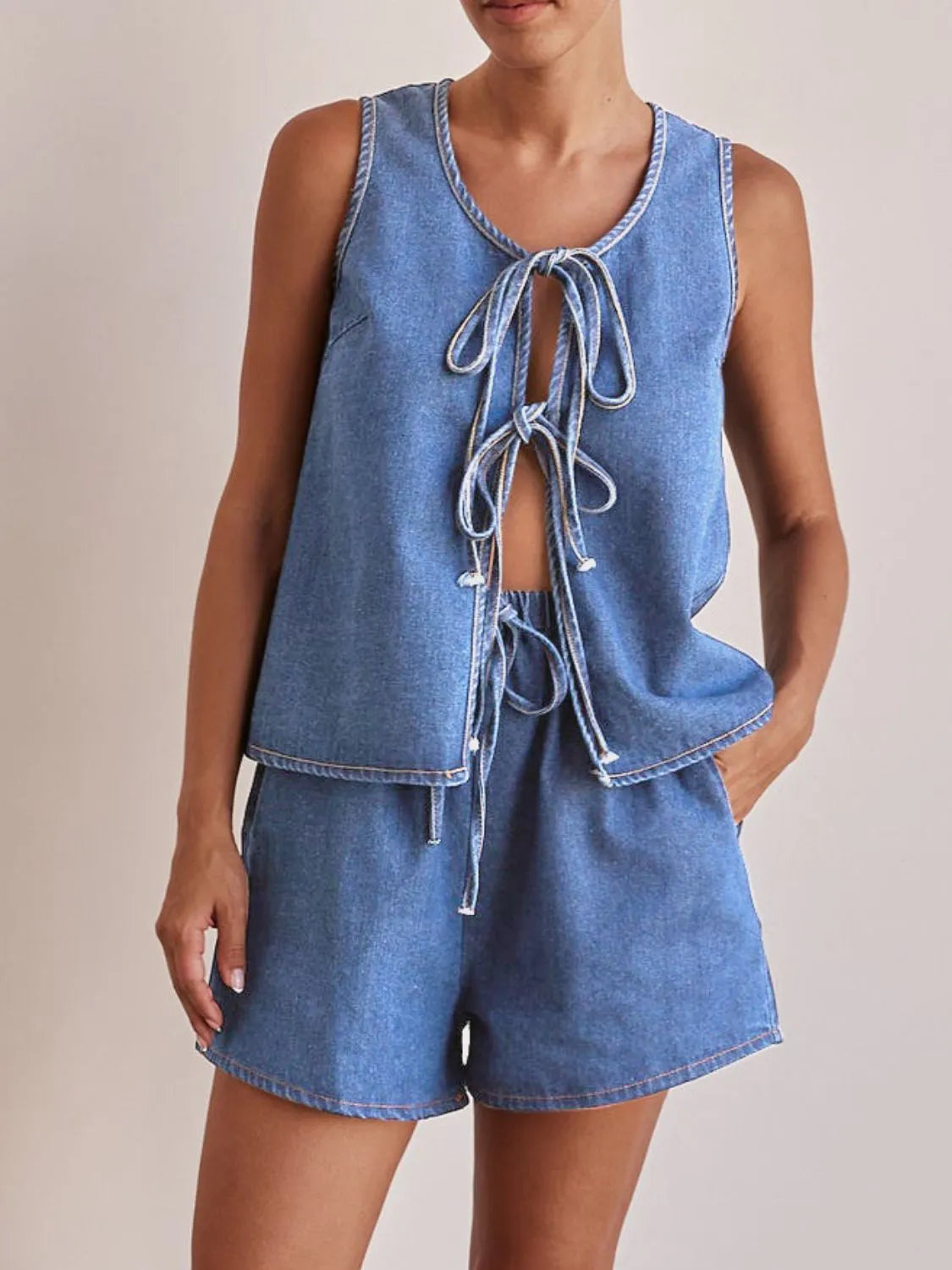 Tie Front Vest and Shorts Denim Set