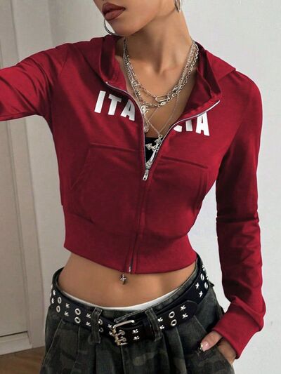Letter Graphic Zip Up Long Sleeve Hoodie - felvior