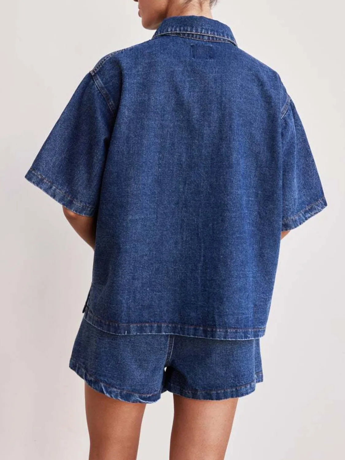 Button Up Short Sleeve Top and Shorts Denim Set - felvior