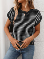 Striped Round Neck Short Sleeve Knit Top
