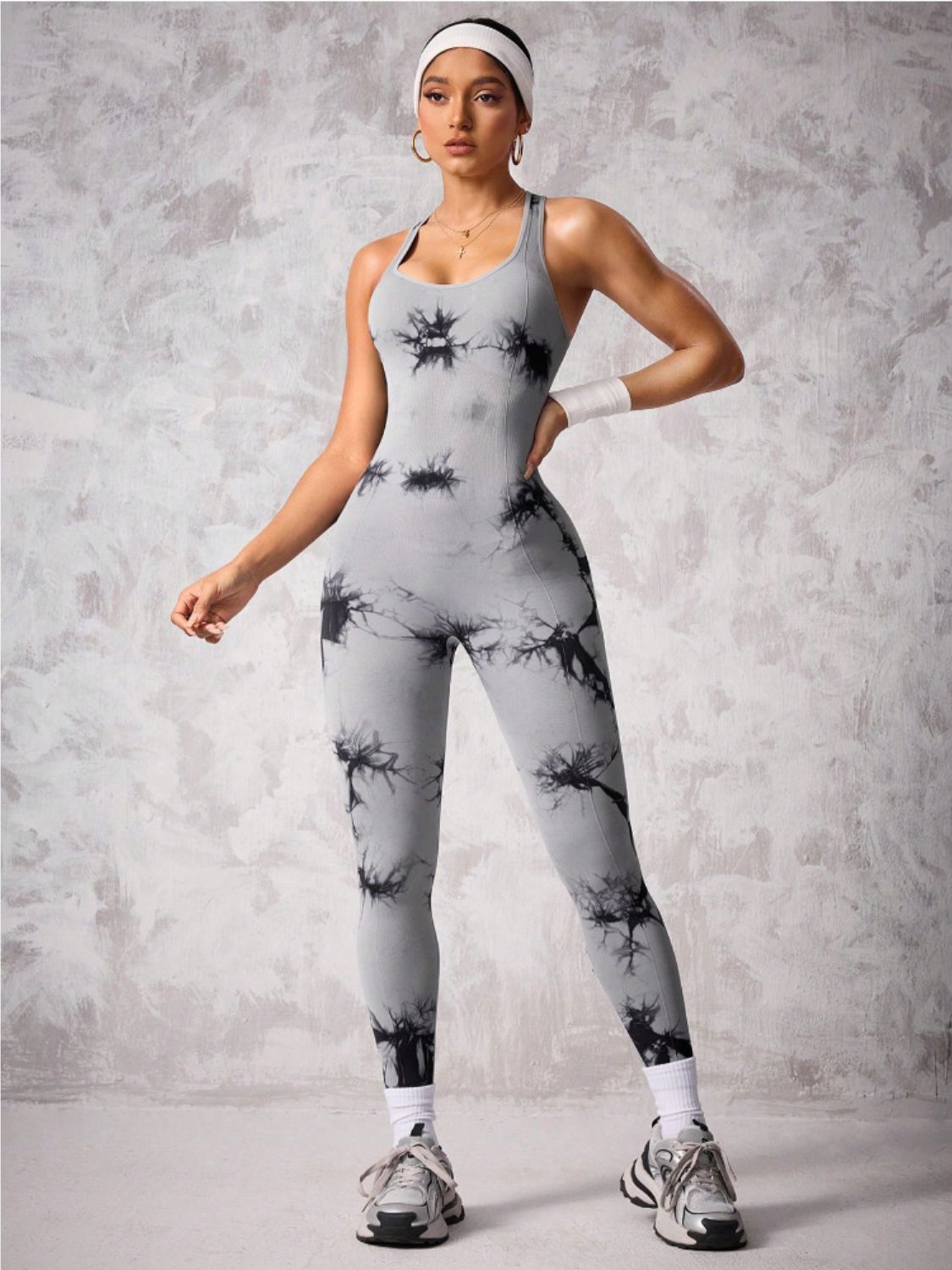 Back Crisscross Tie-Dye Scoop Neck Active Jumpsuit - felvior