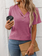 Ribbed V-Neck Short Sleeve T-Shirt